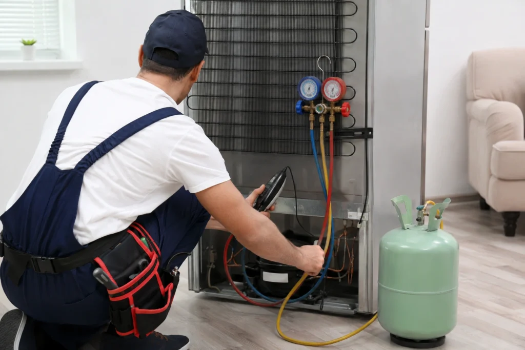 Refrigerator gas leakage detection and refilling
